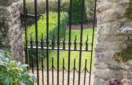 forged-traditional-garden-gate-scrollwork-finials-latch-bars-decorative-ornate-emblem